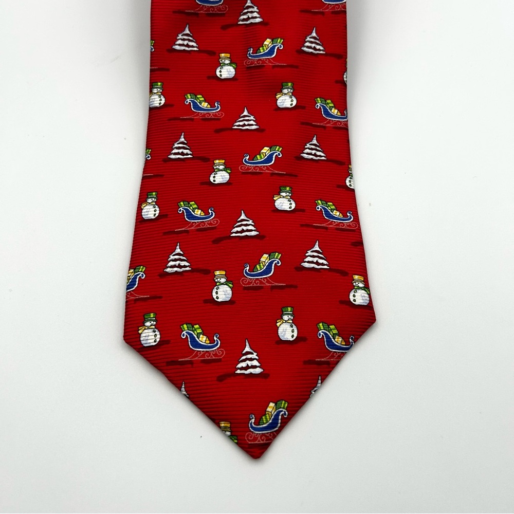 Lands' End Silk Neck Tie Christmas Holiday Red Snowman Tree Sleigh 3.25" W